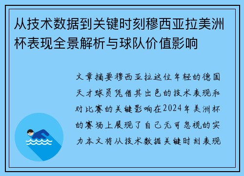 从技术数据到关键时刻穆西亚拉美洲杯表现全景解析与球队价值影响